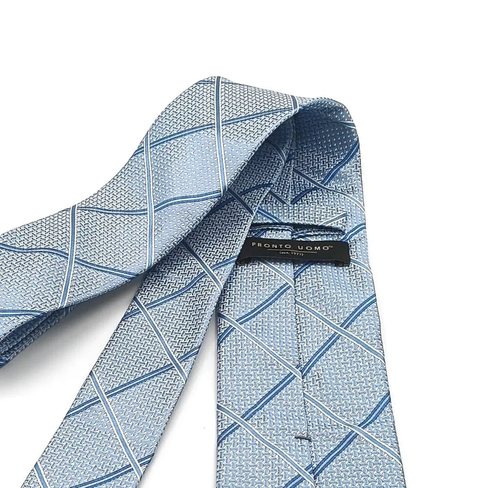 Pronto Uomo Silk Tie Mens Long 62” Sky Blue Plaid Herringbone Classic New